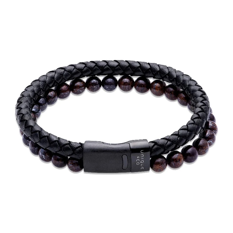 Fashionable Rope Bracelet-Unique & Co Antique Tiger's Eye and Black IP Dark Brown Two Row Leather Bracelet