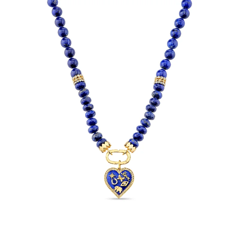 Gold Beaded Necklace-Gold & Diamond Puffy Icon Heart Lapis Necklace