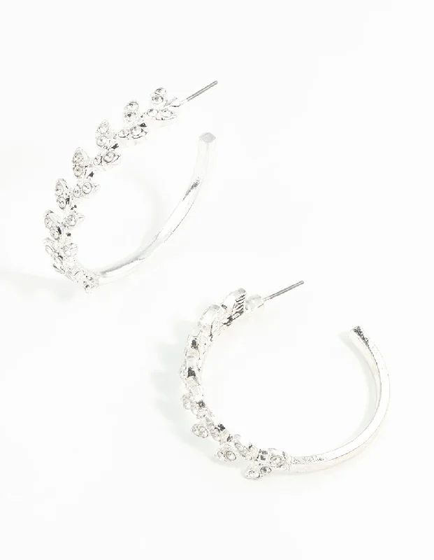 Floral Stud Earrings-Silver Diamante Leaf Patterned Hoop Earrings