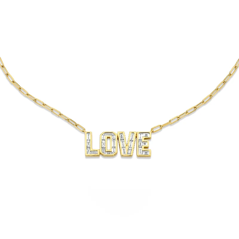 Custom Pendant Necklace for Women-DIAMOND BAGUETTE LOVE PENDANT NECKLACE