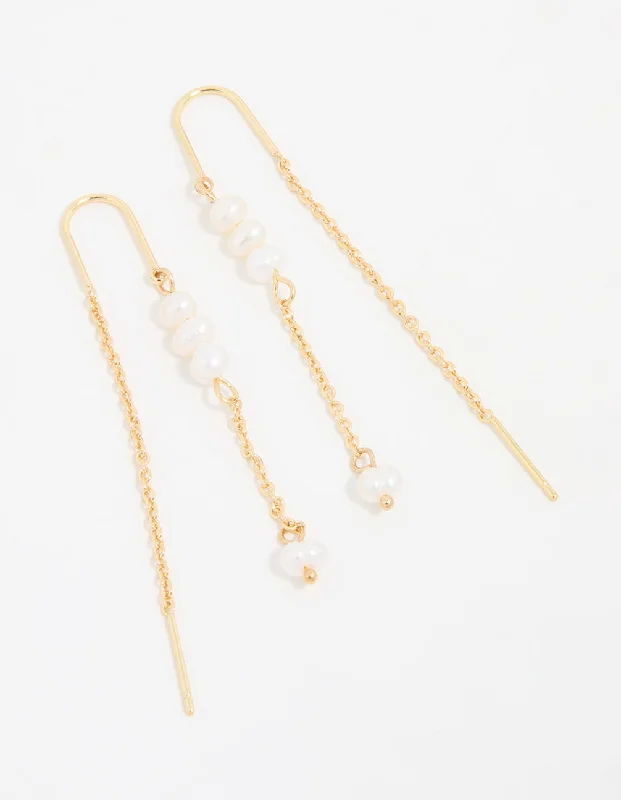 Rose Gold Earrings for Girls-Gold Plated Freshwater Pearl Drop Threader Earrings