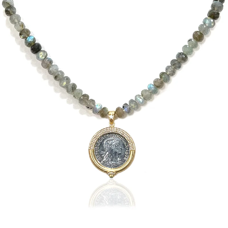 Eco-Friendly Necklace-LABRADORITE RONDELLE GOLD ESCUDO NECKLACE