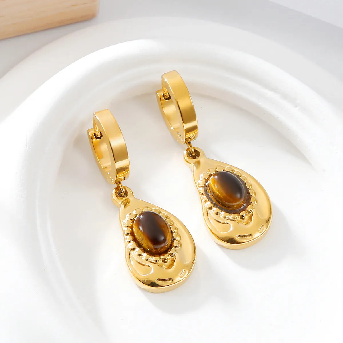 1 Pair Vintage Style Color Block Plating Inlay 304 Stainless Steel Tiger Eye 18K Gold Plated Drop Earrings