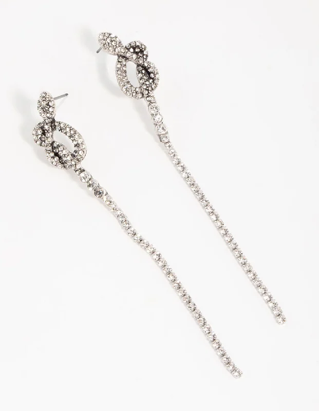 Gemstone Hoop Earrings-Silver Diamante Snake Chain Drop Earrings