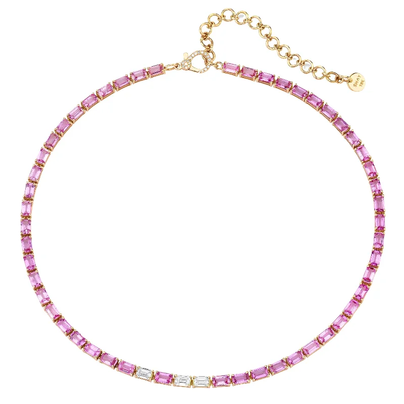 Silver Pendant Necklace-PINK SAPPHIRE & DIAMOND TENNIS NECKLACE