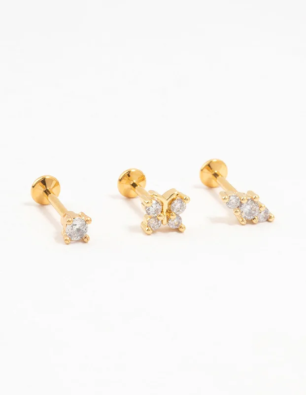 Layered Gold Earrings-Gold Titanium Cubic Zirconia Butterfly Flat Back Pack