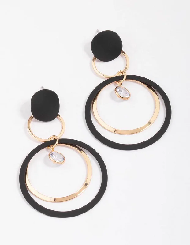 Gold Stud Earrings-Black & Gold Fine Disc Diamante Drop Earrings