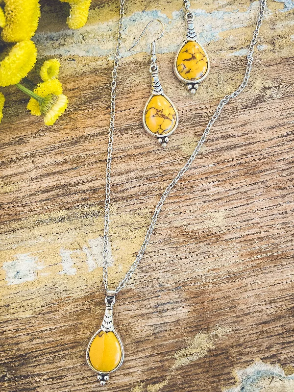 Sterling Silver Pendant Necklace-Beautiful Boho Yellow Necklace and Earring Set