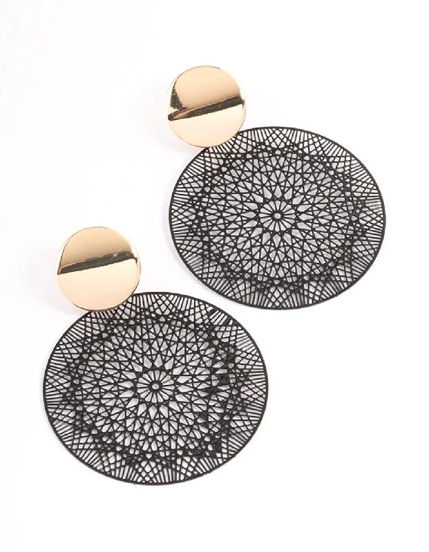 Retro Hoop Earrings-Black Mixed Disc Filigree Drop Earrings