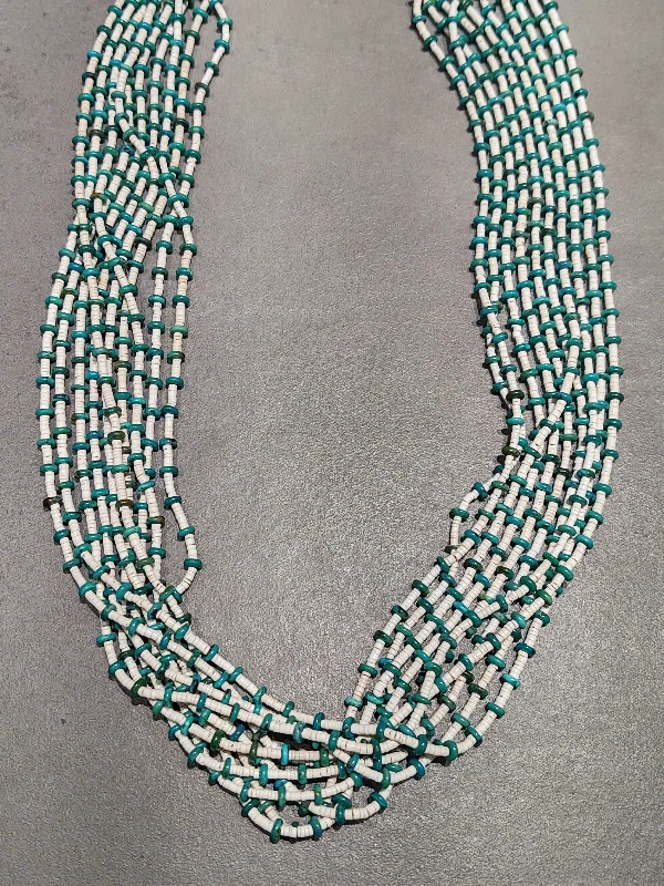 Stylish Beaded Necklace-Marilyn Moquino Kewa Turquoise & White Clamm10-Strand Necklace - Handmade Native American