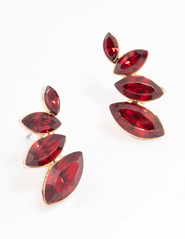 Large Statement Earrings-Red Graduating Marquise Stud Earrings