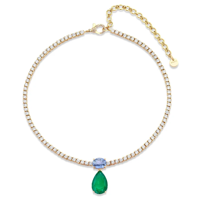 Natural Stone Necklace-DIAMOND TENNIS NECKLACE WITH EMERALD & BLUE SAPPHIRE DROP