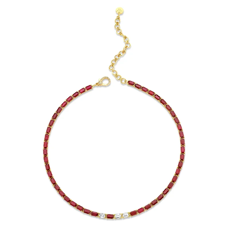 Crystal Beaded Necklace-RUBY & DIAMOND TENNIS NECKLACE