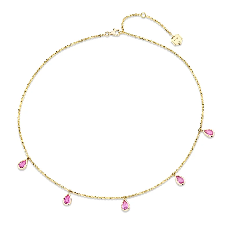 Gold Rope Necklace-PINK SAPPHIRE 5 PEAR DROP NECKLACE