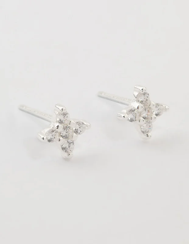 Emerald Drop Earrings-Sterling Silver Cubic Zirconia Micro Flower Stud Earrings