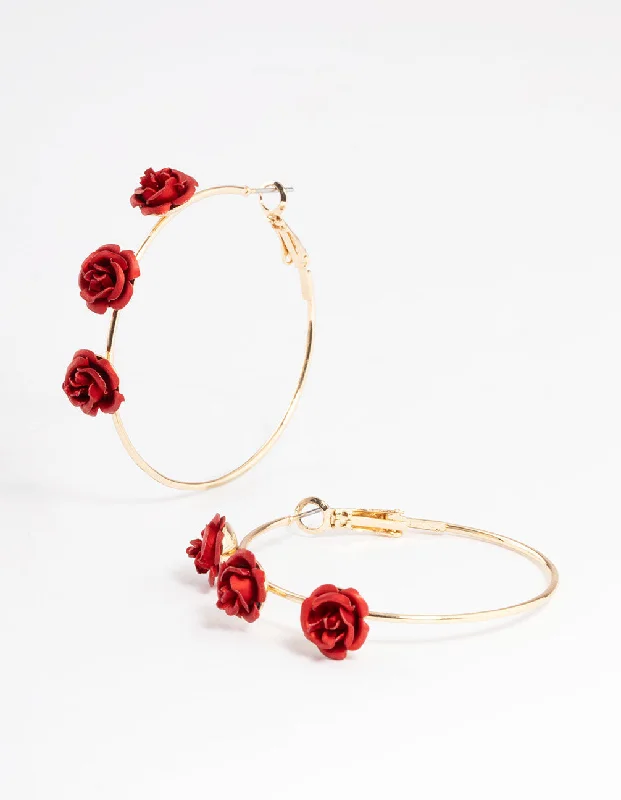 Butterfly Earrings for Girls-Gold Large Triple Rose Hoop Earrings