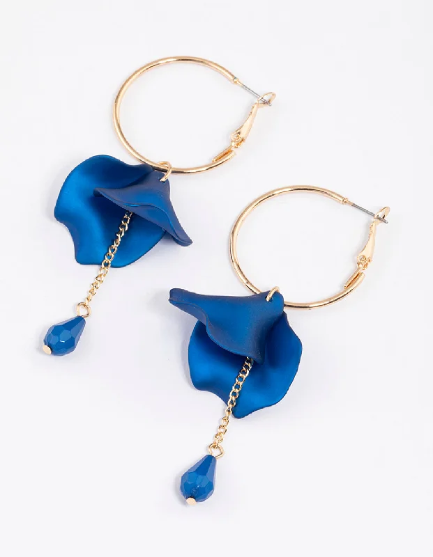 Bold Statement Earrings-Blue Petal & Chain Hoop Earrings