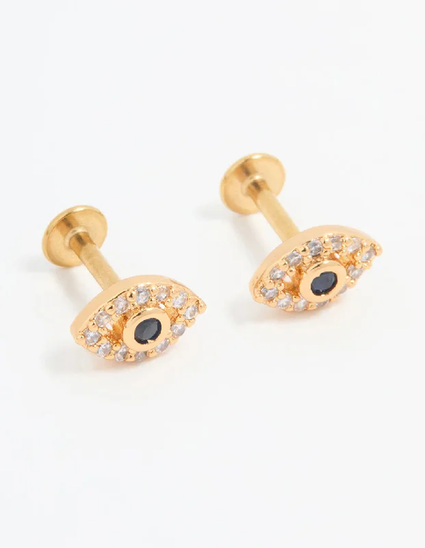 Silver Pearl Earrings-Gold Plated Surgical Steel Evil Eye Flat Back Studs Pair