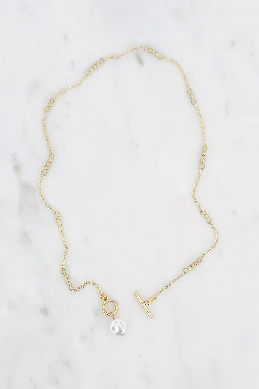 Personalized Charm Necklace-Gold Necklace W/Front Toggle Pearl