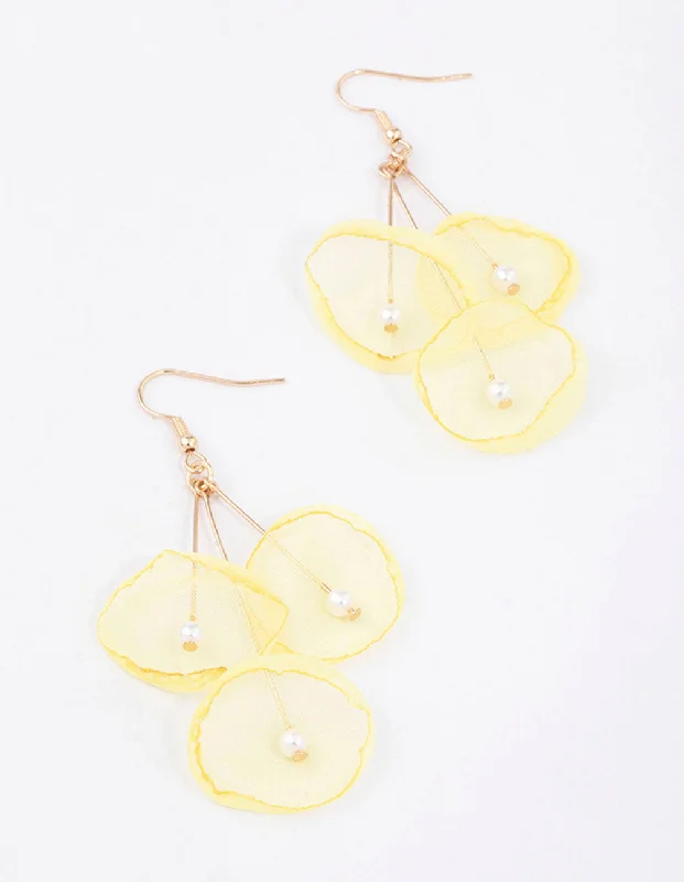 Statement Earrings for Parties-Yellow Multi Pearl Flower Drop Earrings