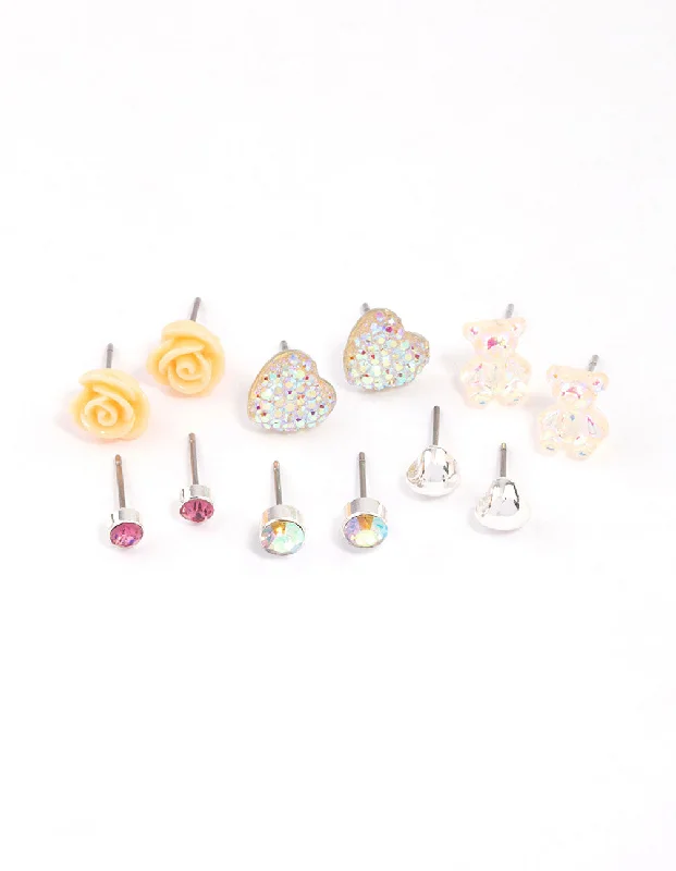 Gemstone Hoop Earrings-Kids Diamante Rose & Heart Stud Earrings 6-Pack