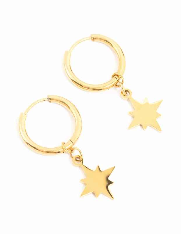 Chic Stud Earrings-Waterproof Gold Plated Stainless Steel Star Hoop Earrings