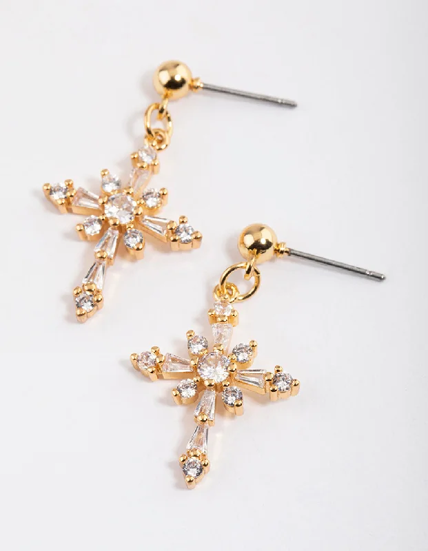 Pearl Earrings for Weddings-Gold Plated Cubic Zirconia Ornate Cross Drop Earrings