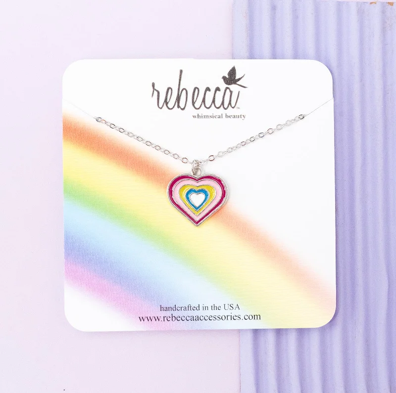 Classic Pearl Pendant Necklace-Rainbow Heart Enamel Charm Childrens Necklace