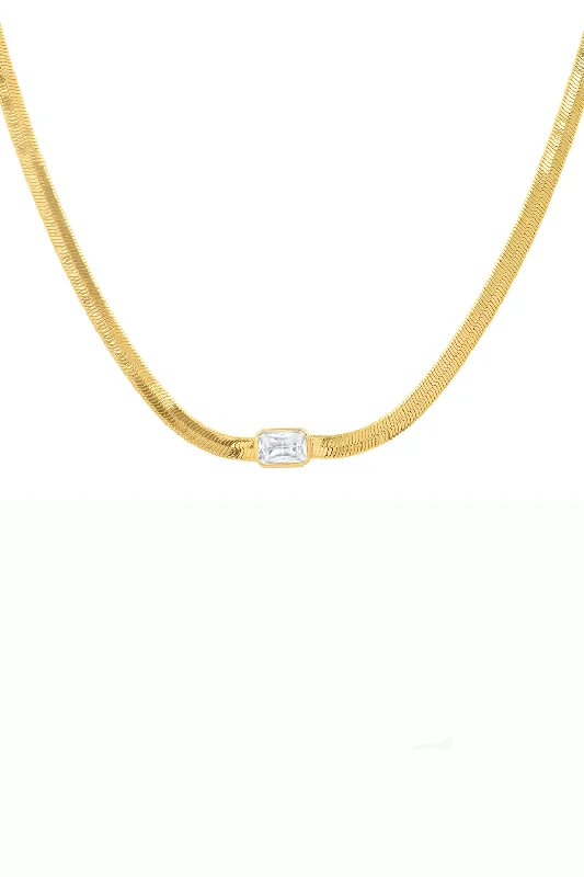 Statement Necklace for Parties-Gold Herringbone Chain with Center Stone