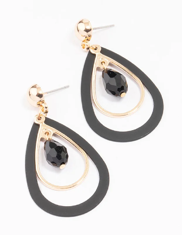 Black Diamond Earrings-Gold Cut Out Teardrop Beaded Earrings