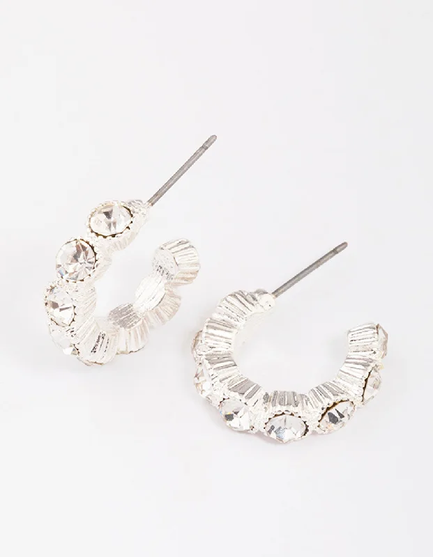 Handmade Drop Earrings-Silver Small Round Diamante Hoop Earrings