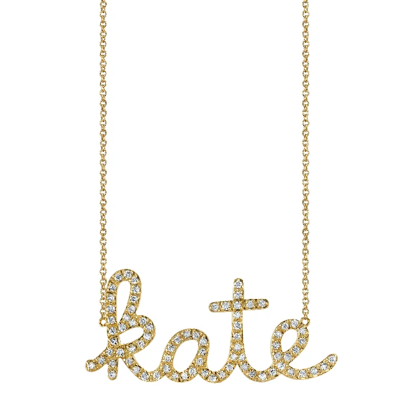 Trendy Gold Necklace-Gold & Diamond Large Custom Script Necklace