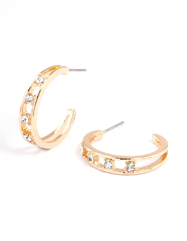 Gold Clip-On Earrings-Gold Illusion Diamante Station Hoop Earrings