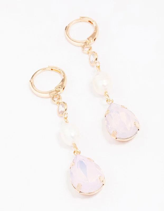 Large Hoop Earrings-Gold Pearl Double Huggie Drop Earrings