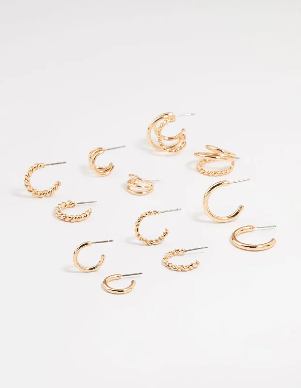 Diamond Hoop Earrings-Gold Twisted & Sleek Hoop Earrings 6-Pack