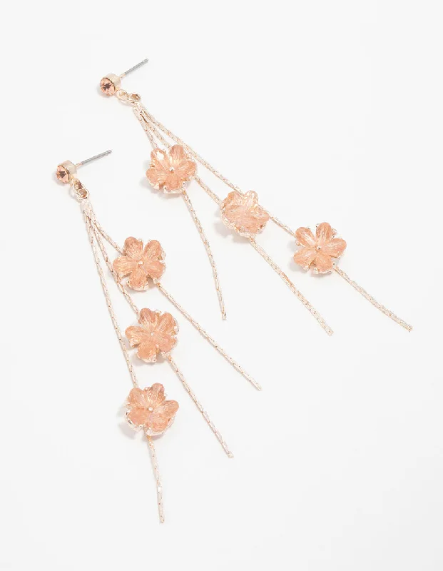 Heart Shaped Drop Earrings-Rose Gold Pink Floral Chain Drop Earrings