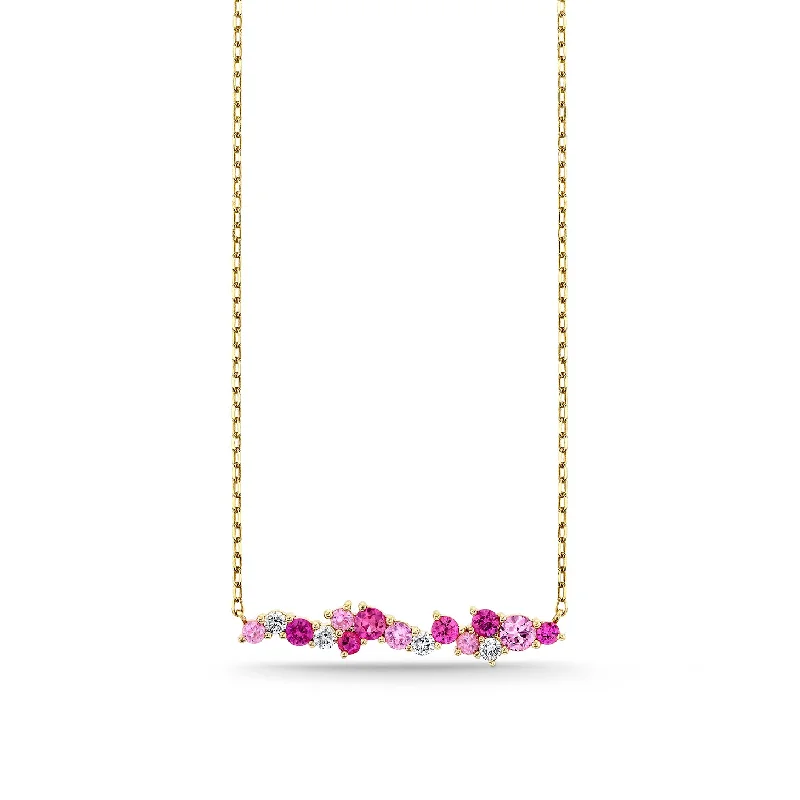 Bright Sapphire Necklace-Gold & Diamond Pink Sapphire Cocktail Bar Necklace