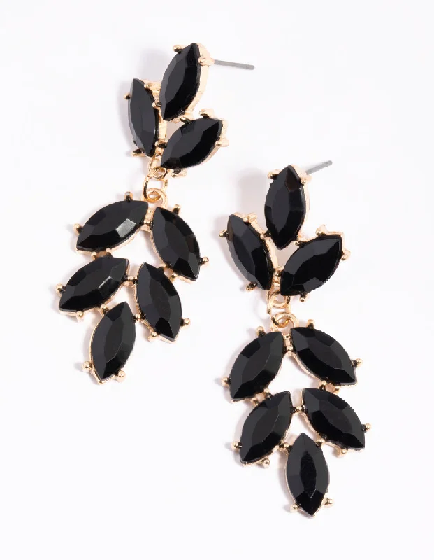 Rose Gold Earrings for Girls-Black Stone & Leaf Drop Earrings