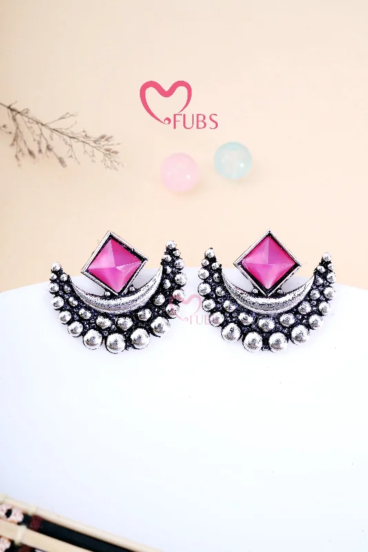 Pink Gold Earrings-Pink Chandrama Oxidized Earrings