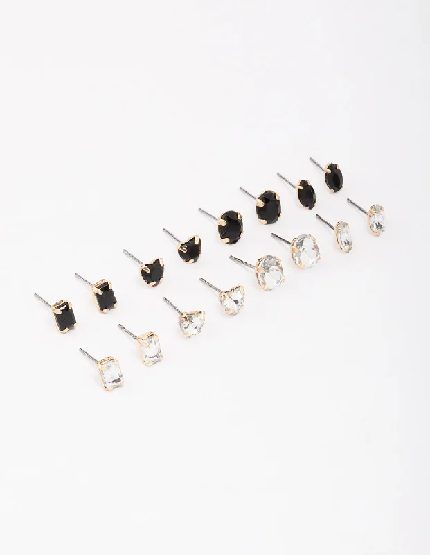 Chunky Gold Earrings-Silver Black Diamante Stud Earring 8-Pack