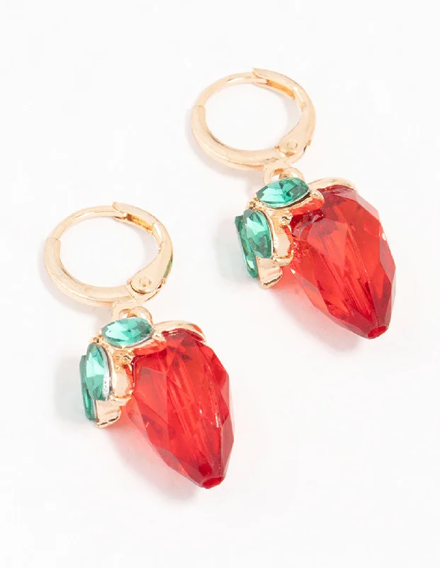 Cute Crystal Earrings-Gold Clicker Red Strawberry Drop Earrings