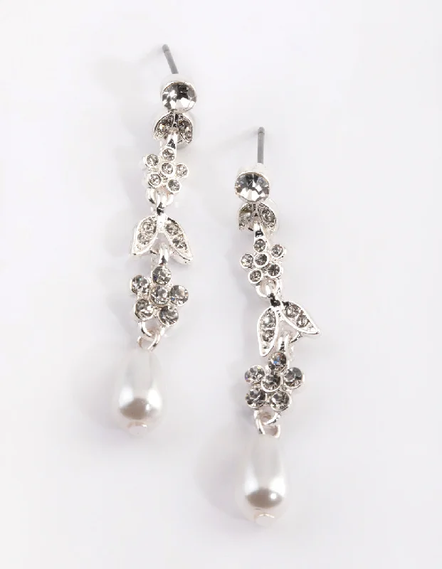 Statement Drop Earrings-Silver Floral Pearl Drop Earrings