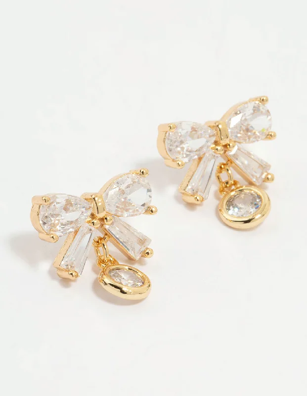 Large Drop Earrings-Gold Plated Cubic Zirconia Bow Stud Earrings