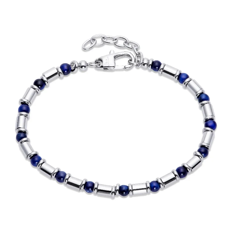 Simple Bar Bracelet-Unique & Co Steel Bracelet With Blue Tiger's Eye Beads