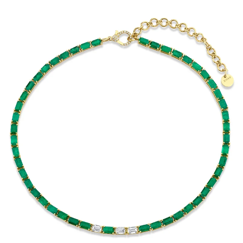 Bright Sapphire Necklace-EMERALD & DIAMOND EAST WEST TENNIS NECKLACE