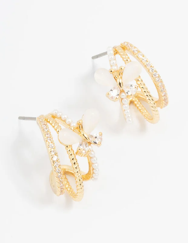 Sterling Stud Earrings-Gold Plated Pave Crystal Butterfly Jacket Earrings