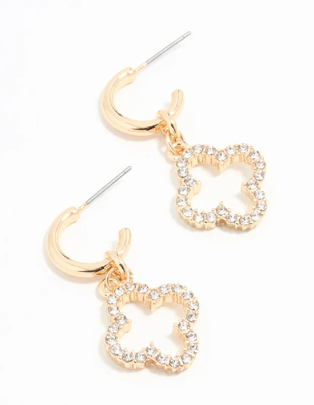 Pearl Drop Earrings-Gold Diamante Flower Huggie Earrings