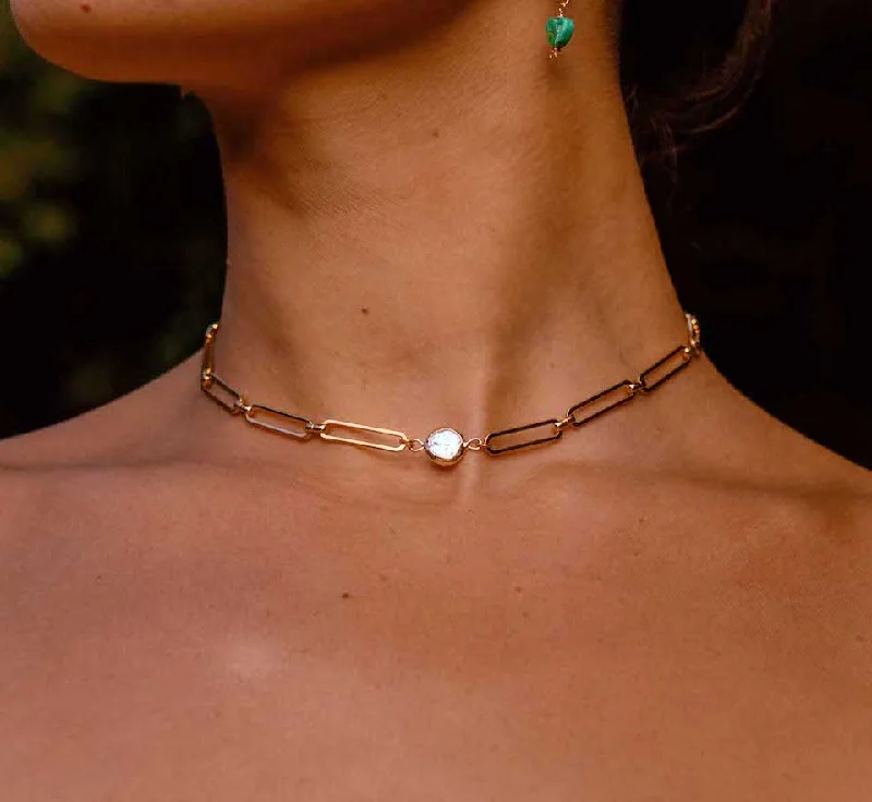 Chunky Gold Necklace-Baroque Pearl Link Choker