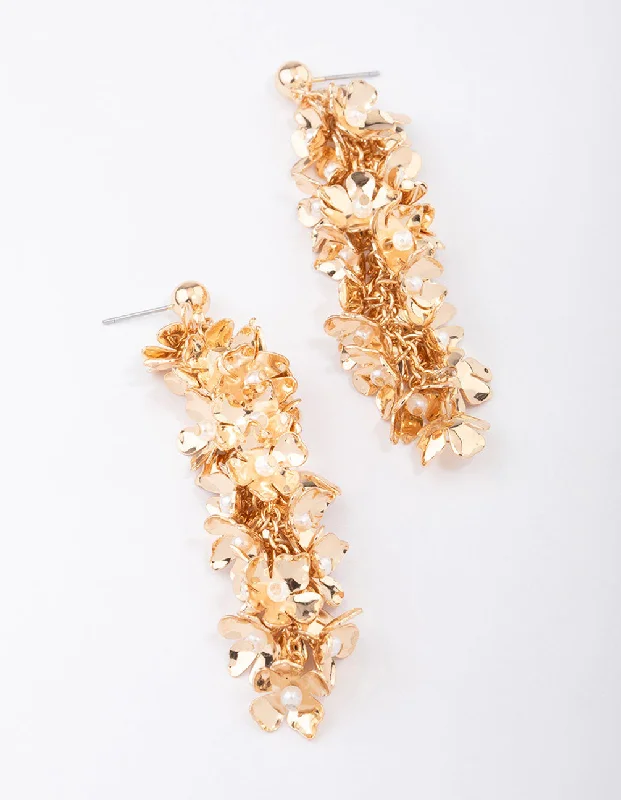 Boho Style Earrings-Gold Flower Cluster Drop Earrings