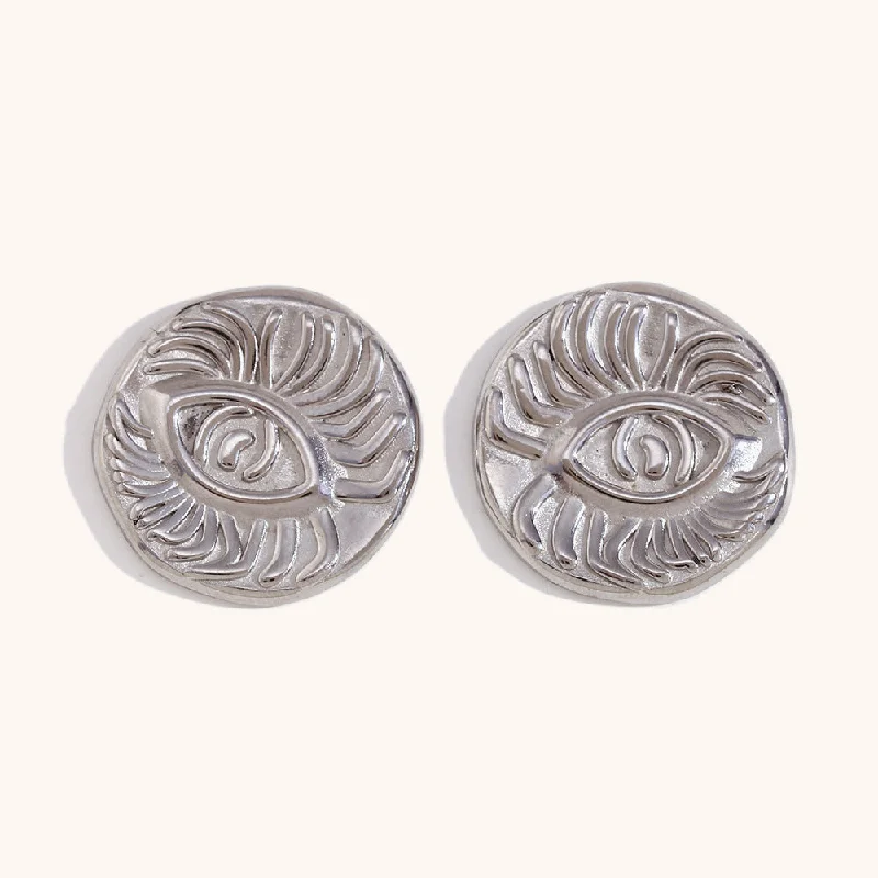 Long Eyelash Eye Disc Ear Studs-Steel Color